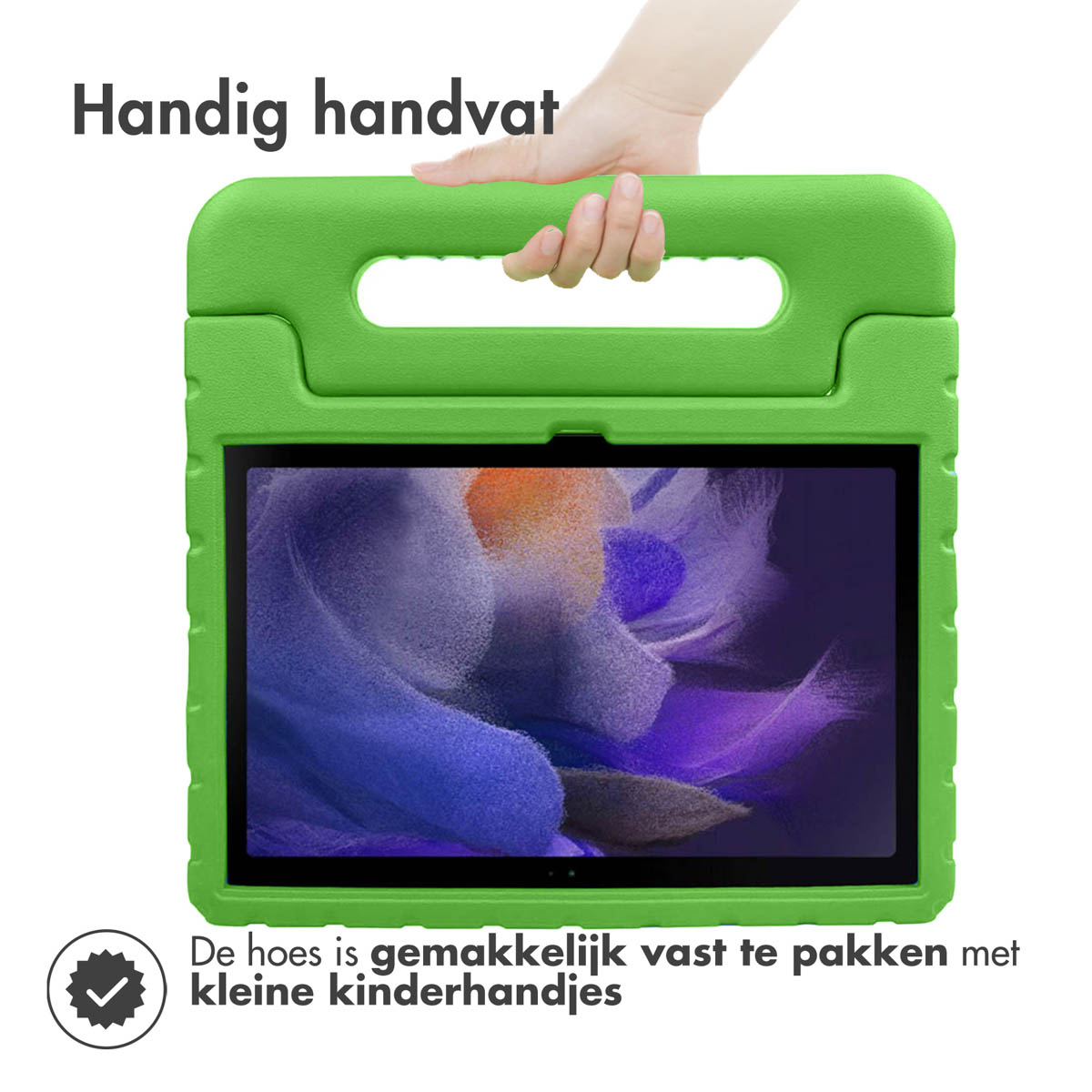 Groene tablethoes met handvat, hand die het vasthoudt. Tekst zegt 'Gemakkelijk vast te pakken'.