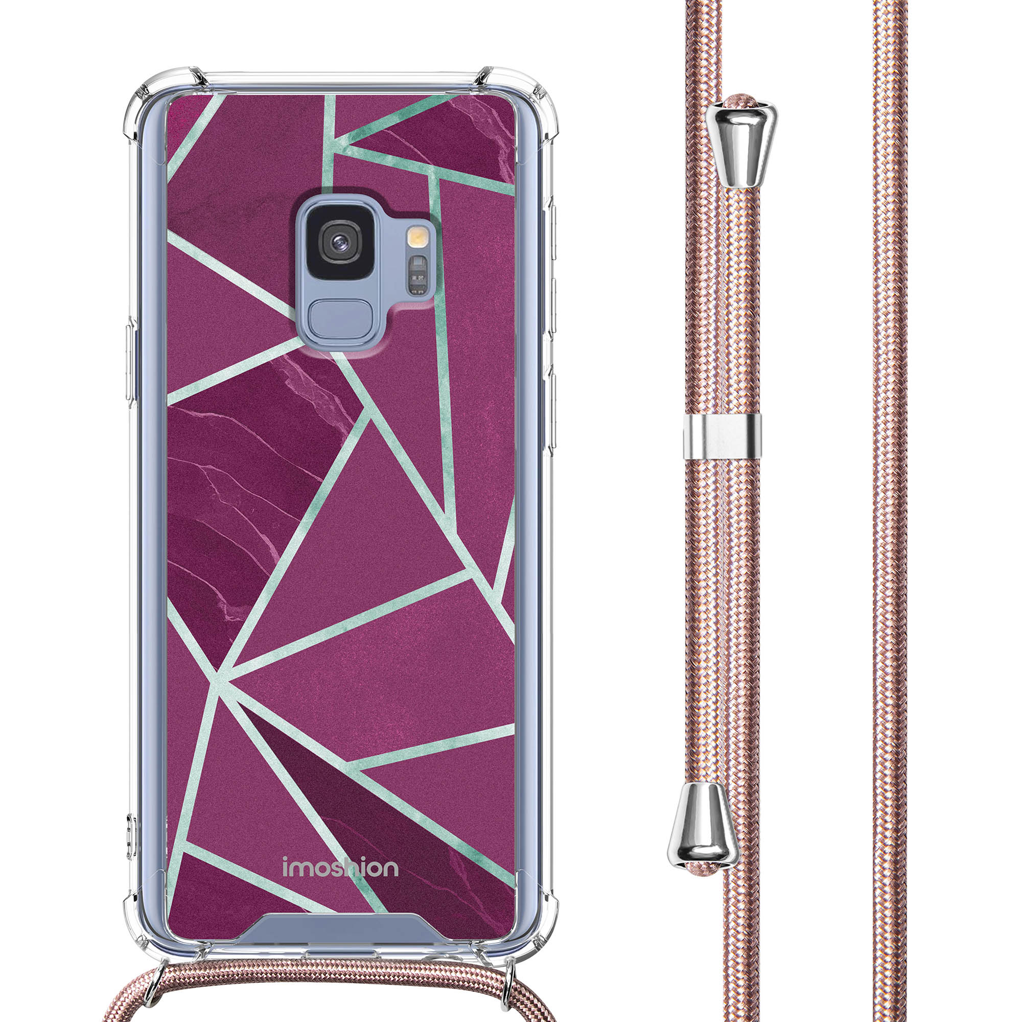 Coque de téléphone avec design géométrique, couleurs bordeaux et sarcelle, avec cordon rose.