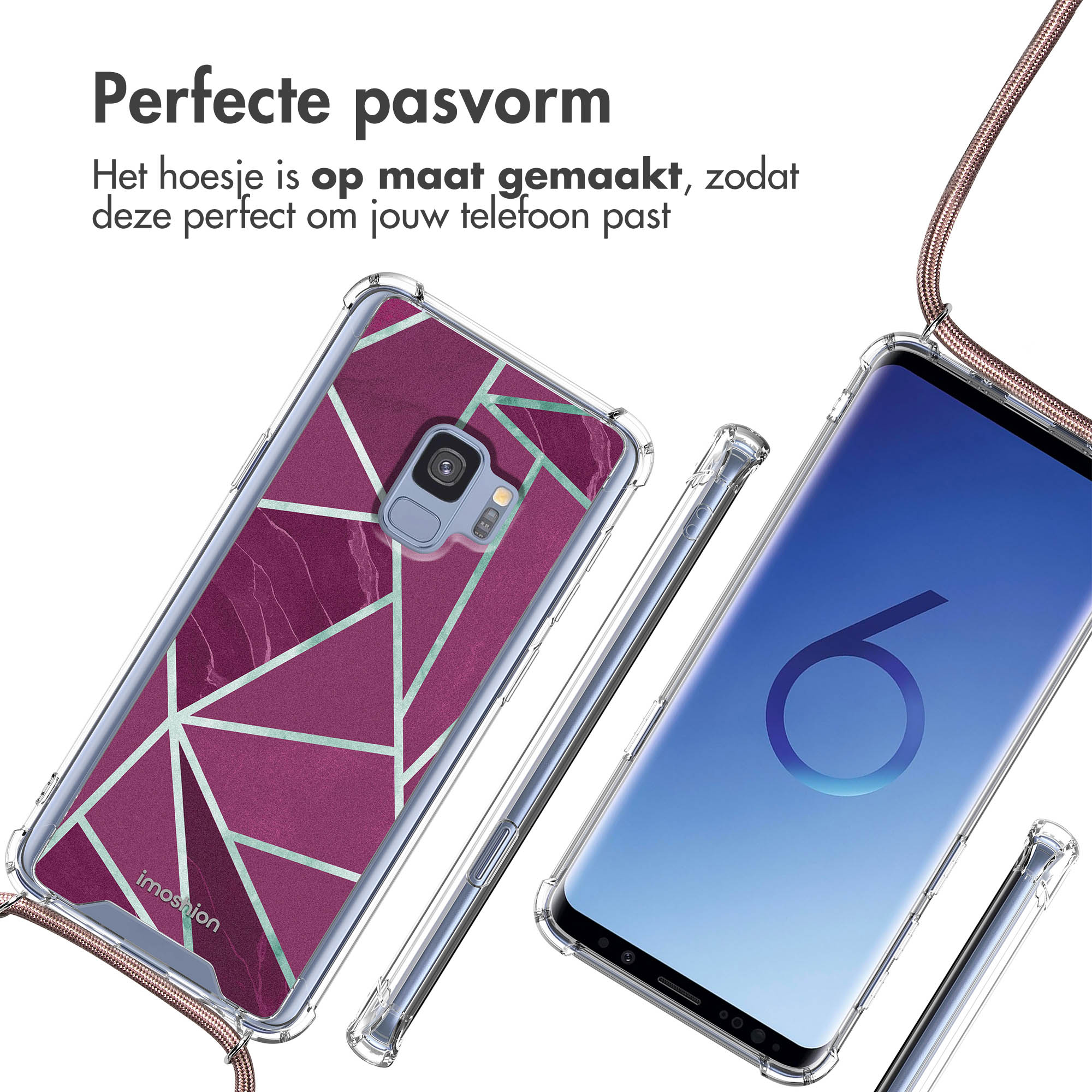 Coques de téléphone avec design géométrique, texte dit 'Ajustement parfait'.