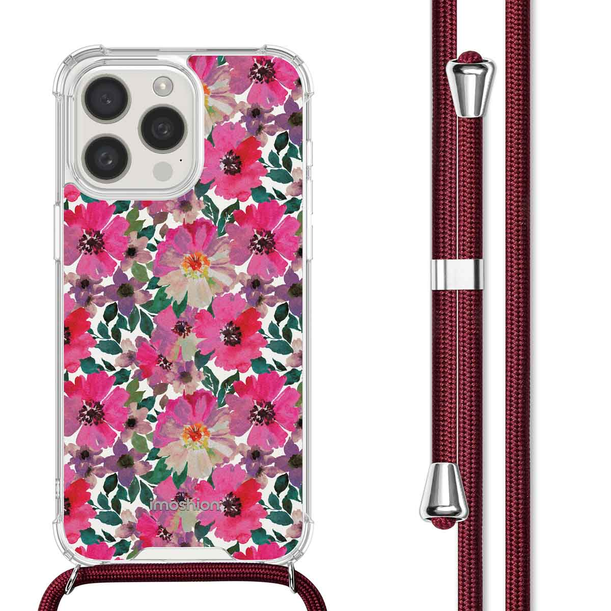 Coque de téléphone avec des fleurs roses et une lanière bordeaux.
