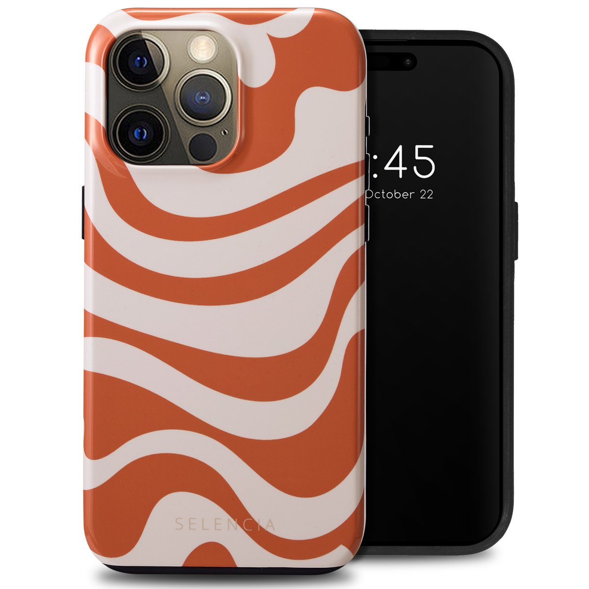 Coque de téléphone avec motif ondulé orange et blanc. Téléphone visible. Logo Selencia.