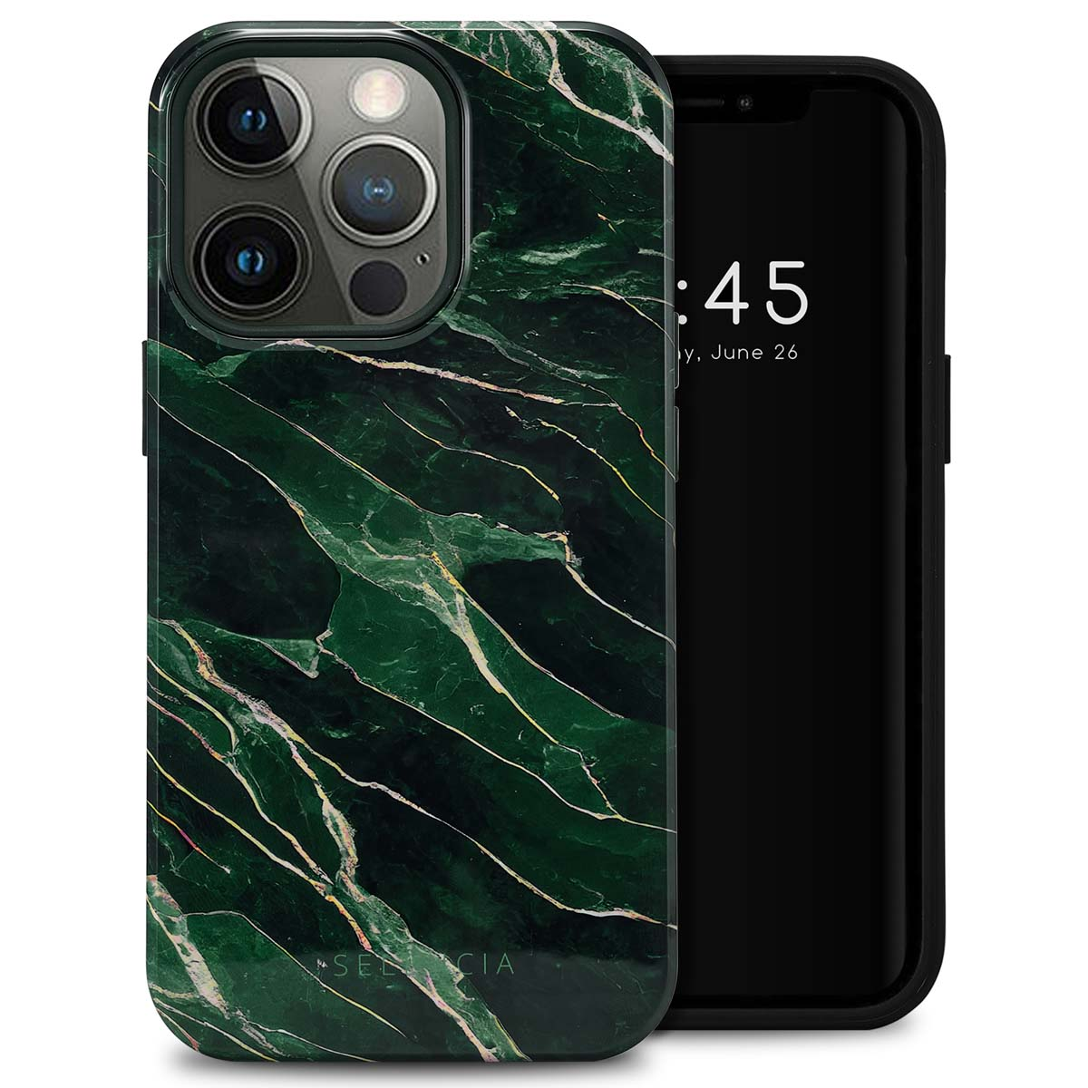 Coque de téléphone avec un design en marbre vert. Un téléphone noir affiche l'heure.