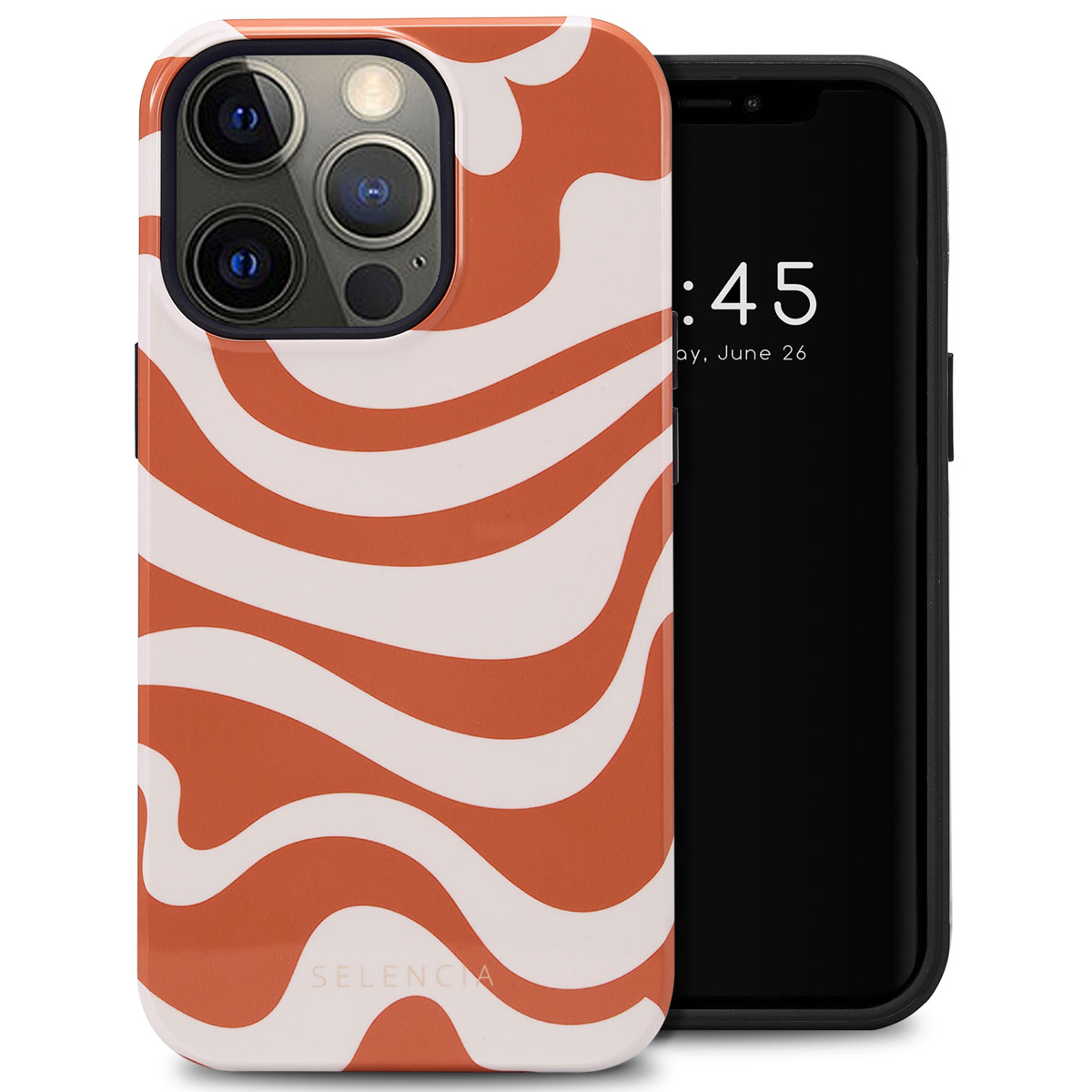Coque de téléphone avec motif ondulé orange et blanc. Le fond est blanc, avec un téléphone.