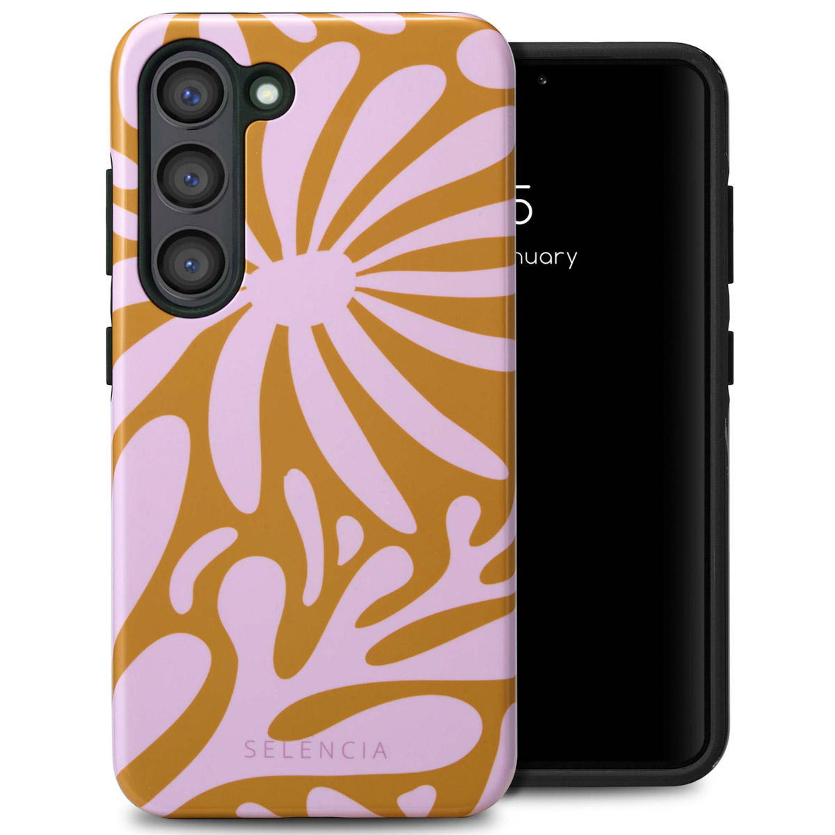 Téléphone avec coque florale orange et rose. La coque est sur une surface blanche. Le téléphone est blanc.