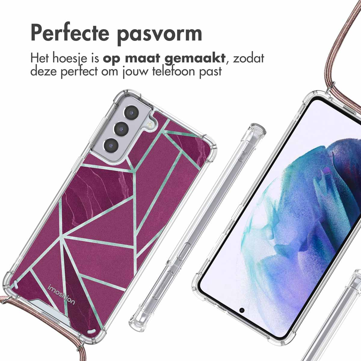 Telefoonhoesje met bordeauxrood geometrisch ontwerp, heldere randen. Telefoon in de hoes. Witte achtergrond.