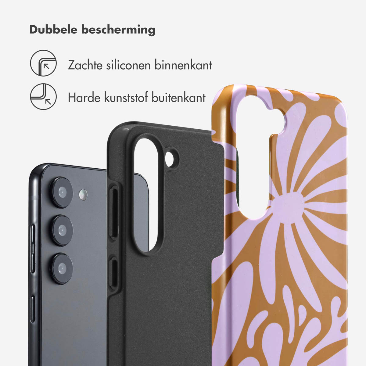 Coque de téléphone noire et motif floral. Le fond est blanc, avec l'étui ouvert.