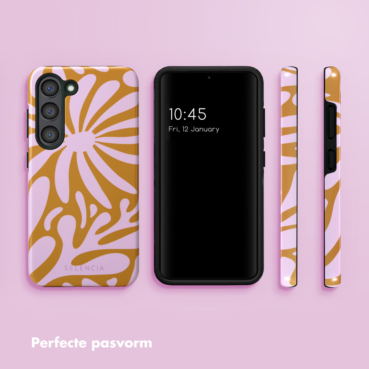 Coque de téléphone avec un motif floral sur fond rose avec un téléphone et ses côtés.
