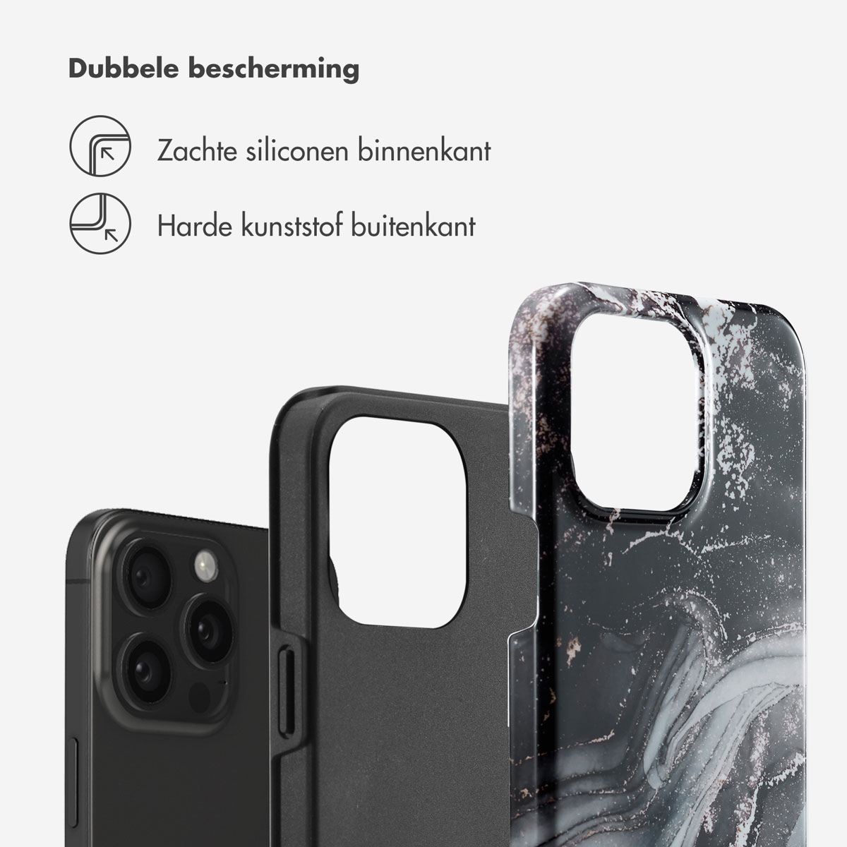 Gros plan sur la coque du téléphone. Noir avec texture grise et blanche. Texte sur l'image.