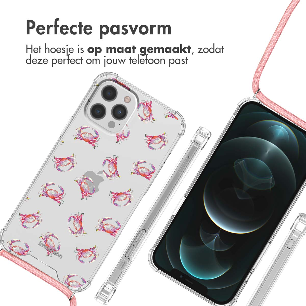 Deux coques de téléphone avec motif de crabe et cordon rose. Texte: Ajustement parfait.
