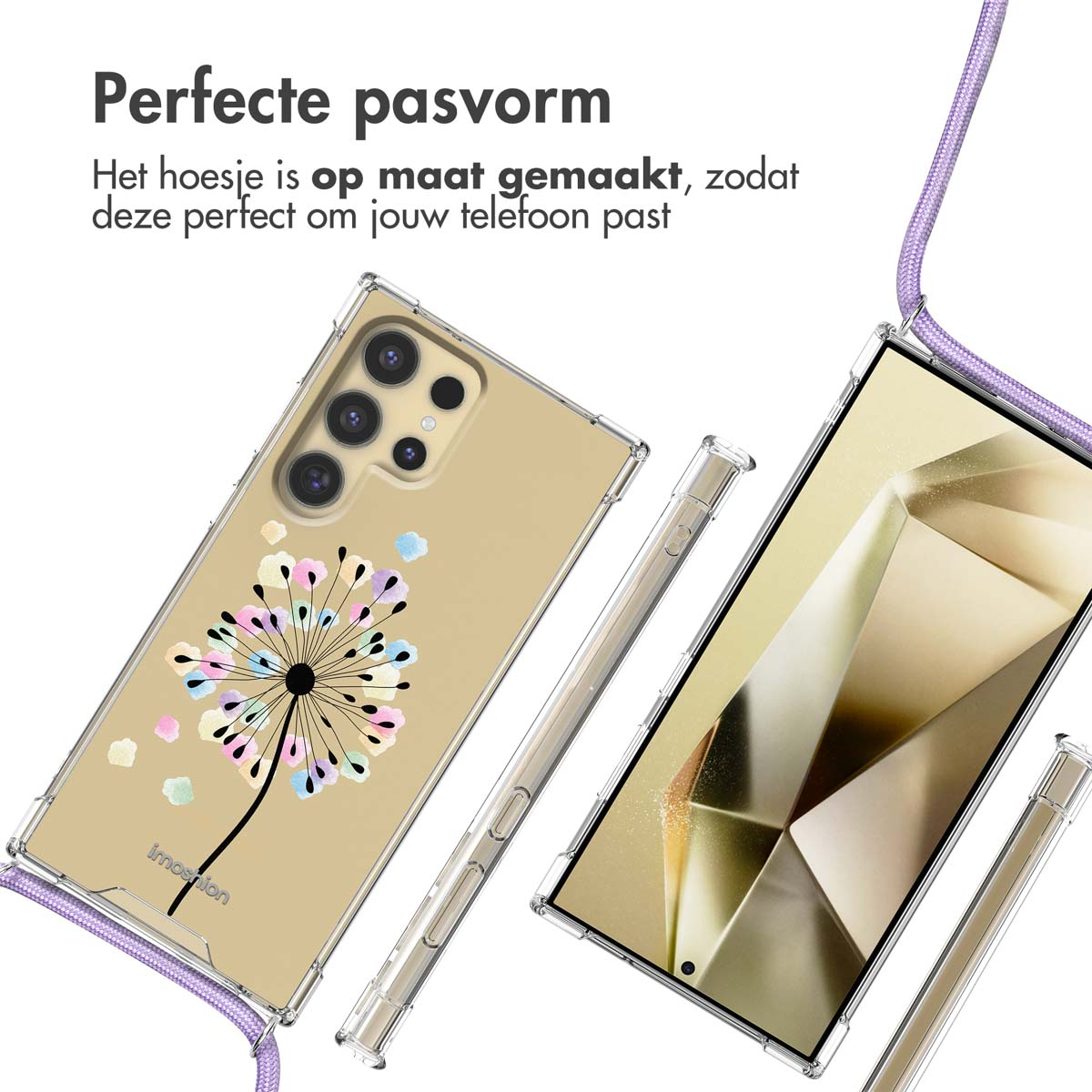 Twee telefoonhoesjes met een paardebloemdesign, één op een telefoon met een paarse koord.