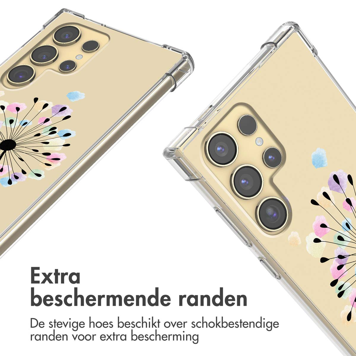 Telefoonhoesjes met tekst 'Extra beschermende randen'. De hoesjes hebben een paardenbloemontwerp. Witte achtergrond.