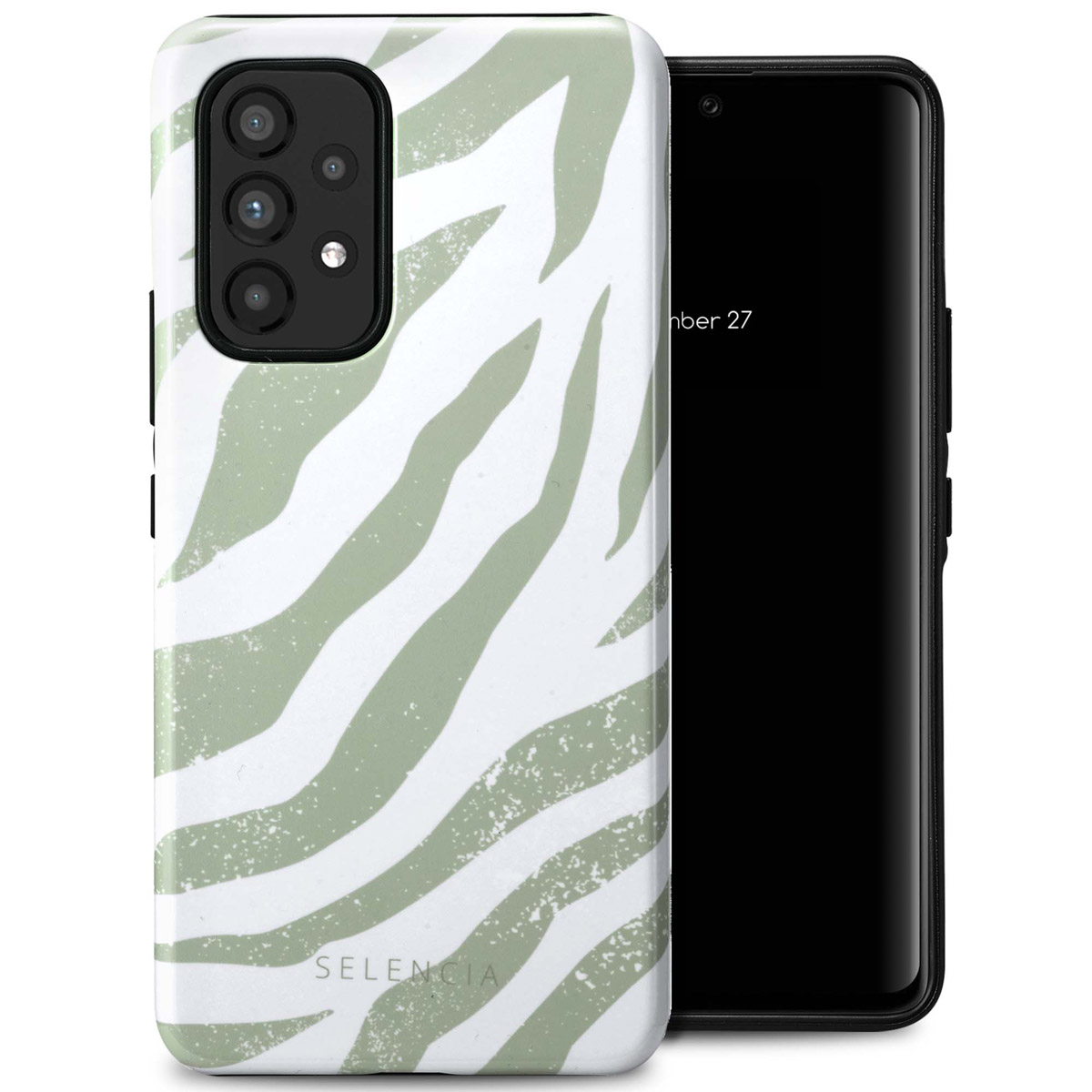 Coque de téléphone avec un motif zébré, couleurs blanches et vertes, téléphone à droite.