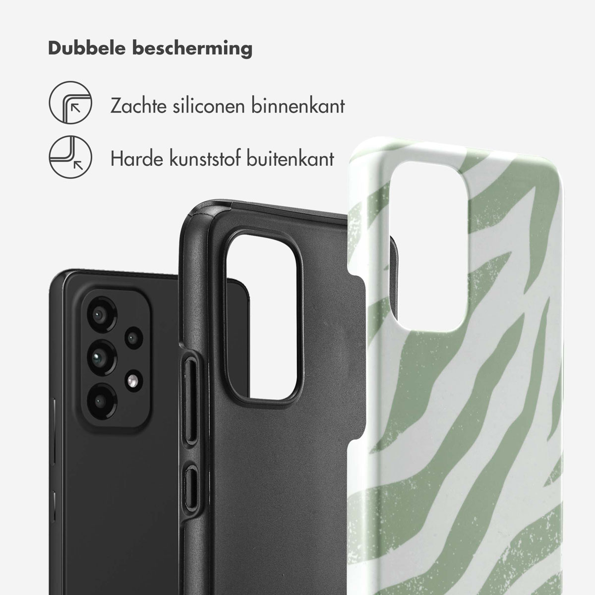 Coques de téléphone montrant une double protection, silicone souple interne, plastique dur externe.