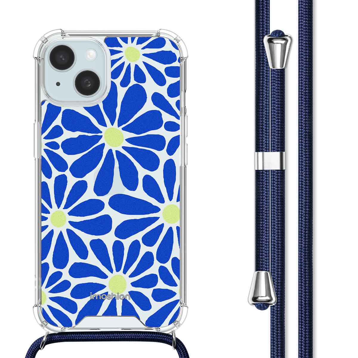 Transparante telefoonhoes met blauw madeliefpatroon, bijpassend koord. Telefoon zichtbaar.