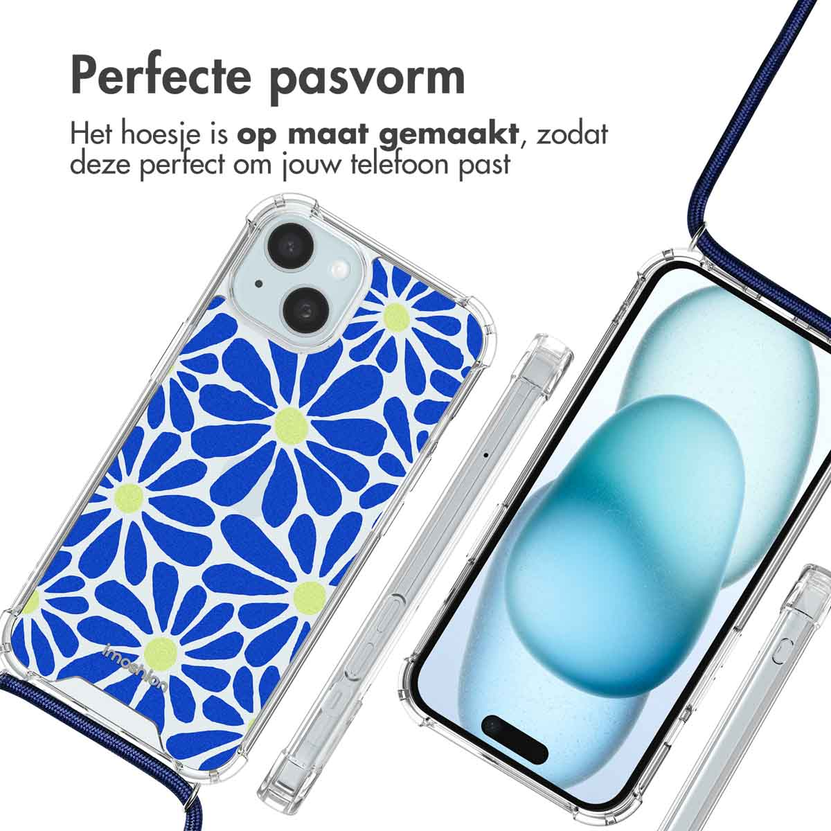 Hoesje met blauwe bloemen, een telefoon en een blauw koord.