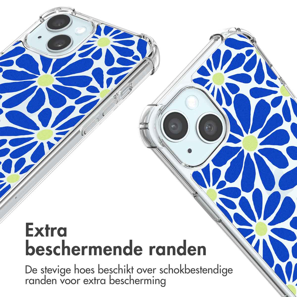 Telefoonhoesje met blauw bloemenpatroon. Tekst: Extra beschermende randen.