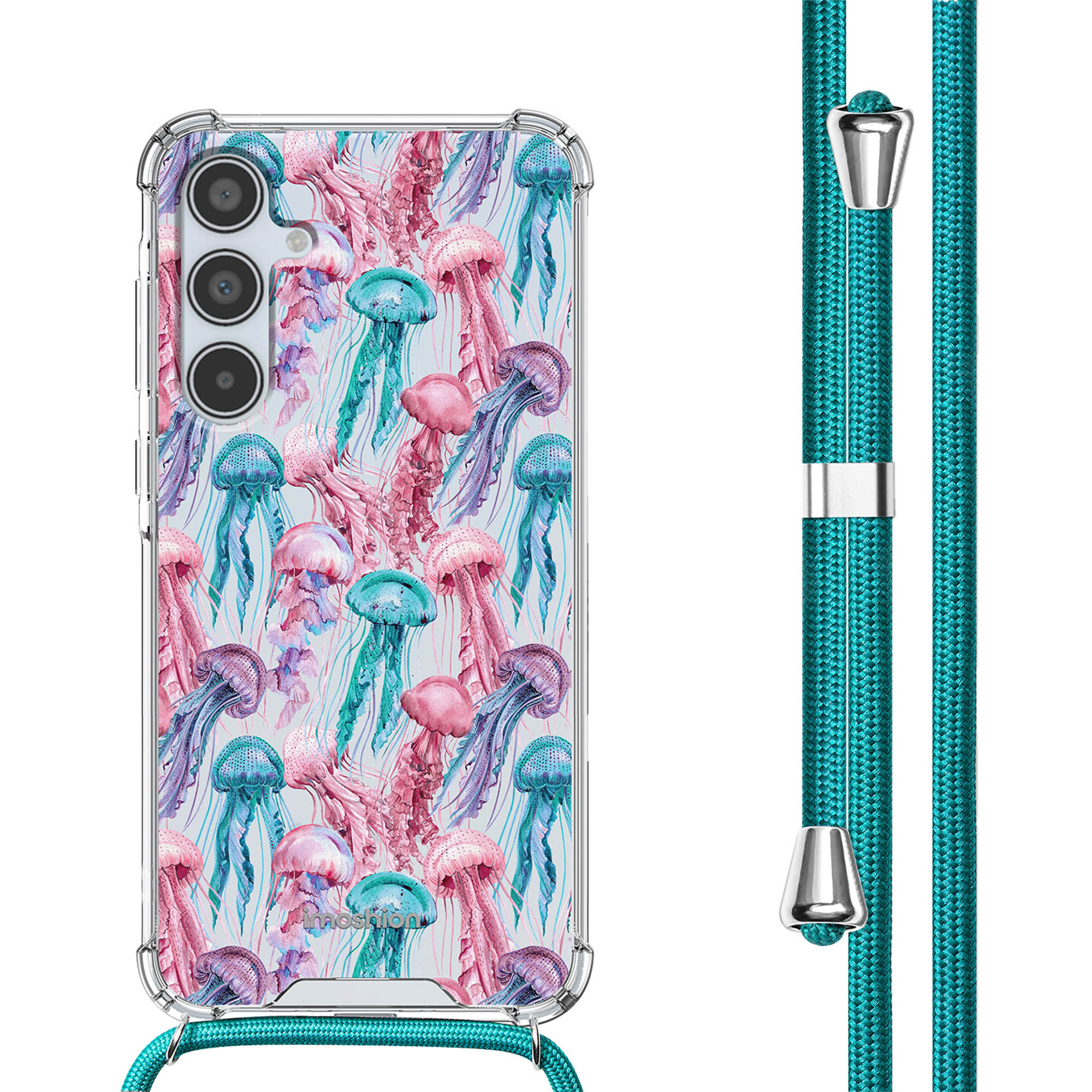 Une coque de téléphone avec un motif de méduses roses, bleues et violettes, avec un cordon turquoise.