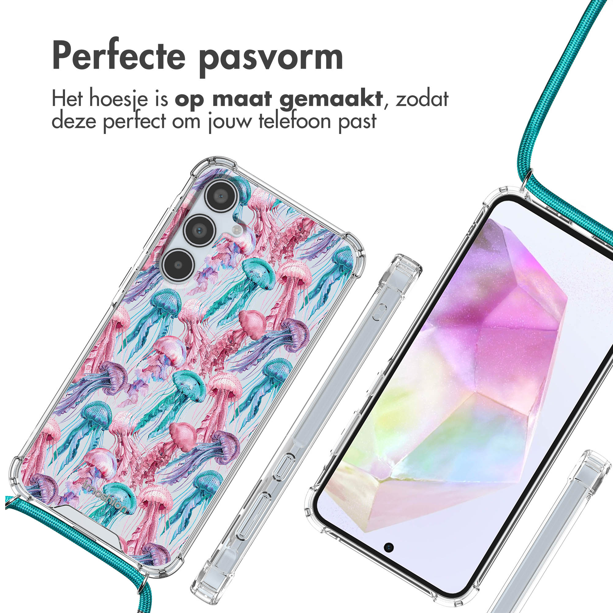 Coque de téléphone transparente avec motif de méduses. La coque est attachée au téléphone avec une sangle sarcelle.