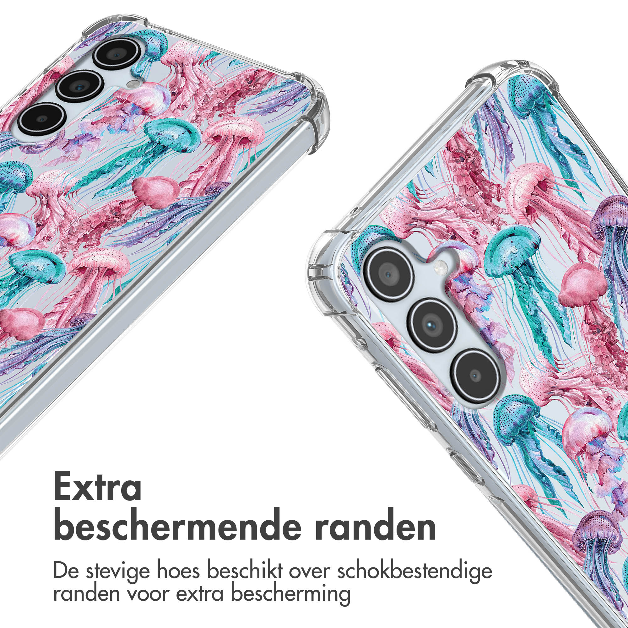 Coque de téléphone transparente avec motif de méduses. Le fond est blanc, avec la coque.