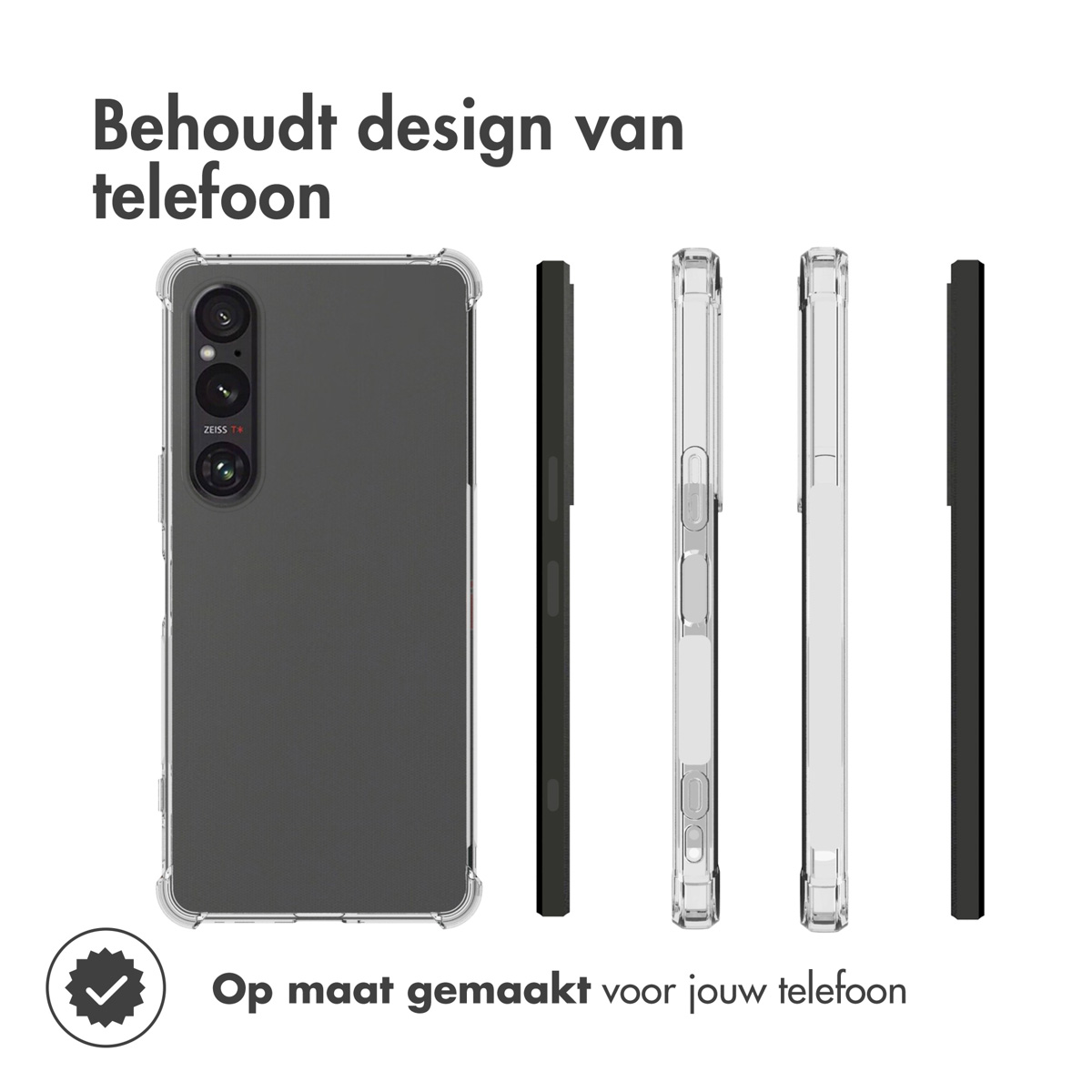 Telefono, custodia con retro nero e tre viste laterali del telefono con custodie.