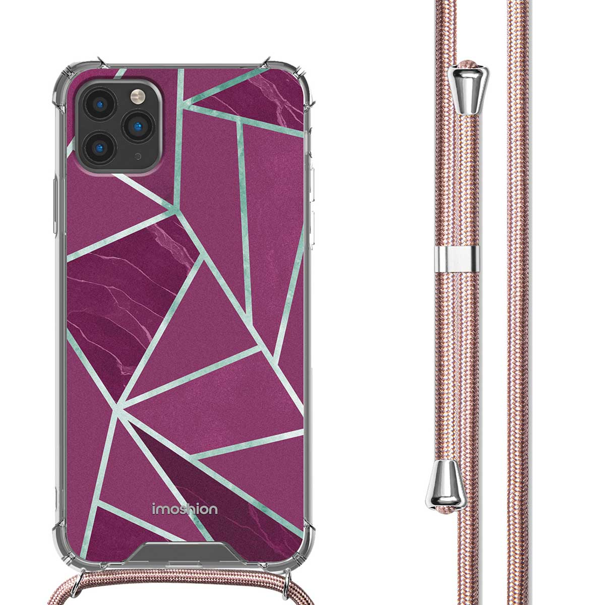 Coque de téléphone en marbre violet avec lignes argentées, téléphone à droite, lanière or rose à gauche.
