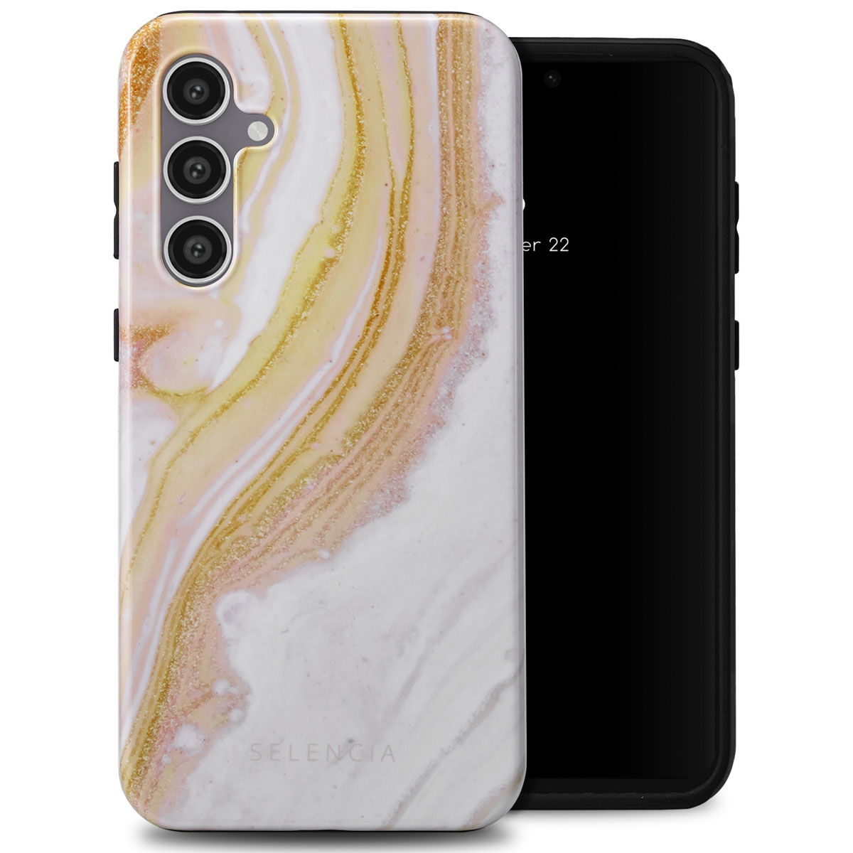 Telefoonhoesje met een marmerontwerp. Telefoon heeft een zwart scherm. Hoesje heeft drie cameralenzen.