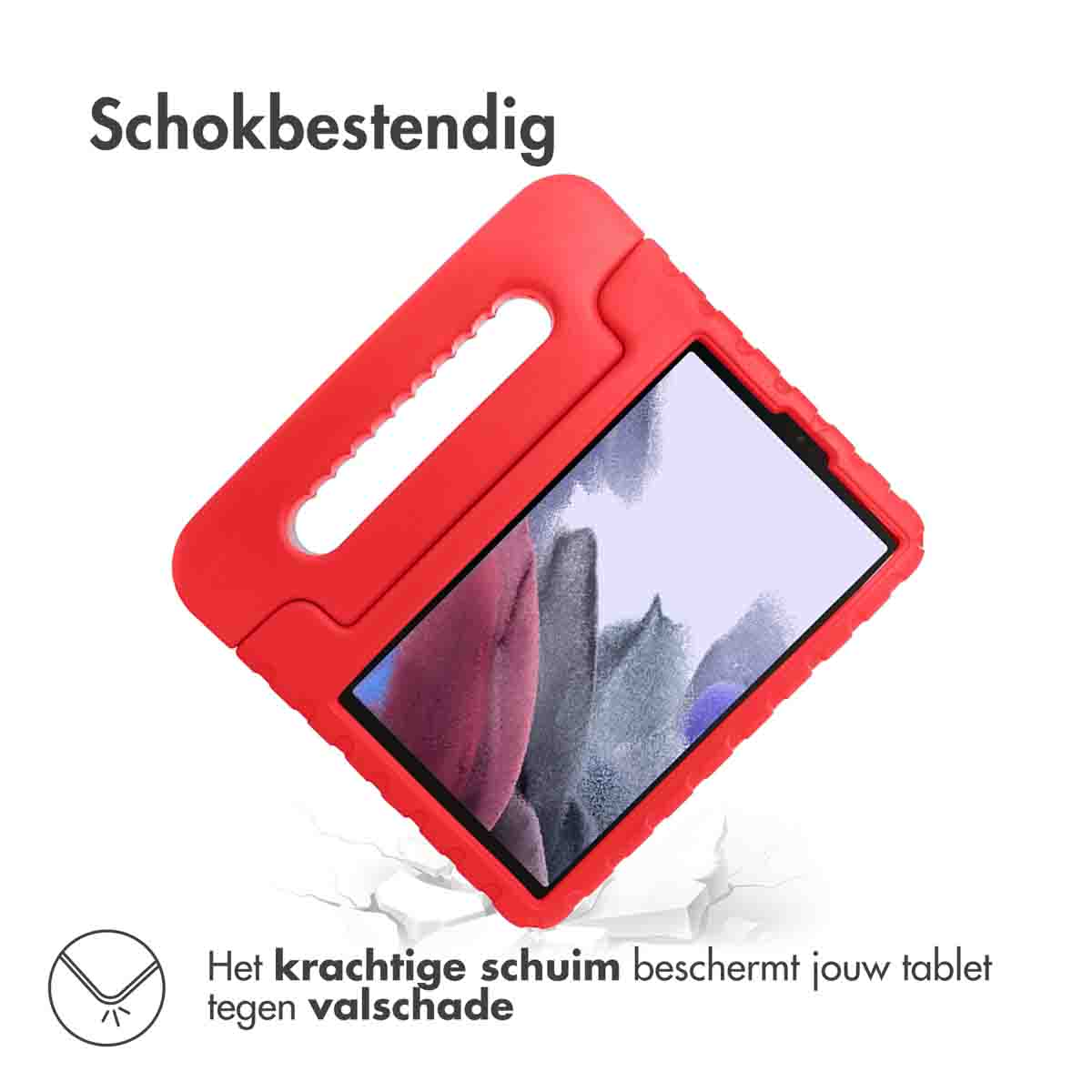 Rode tablethoes, tablet erin. Tekst zegt 'Schokbestendig' en impactbescherming.