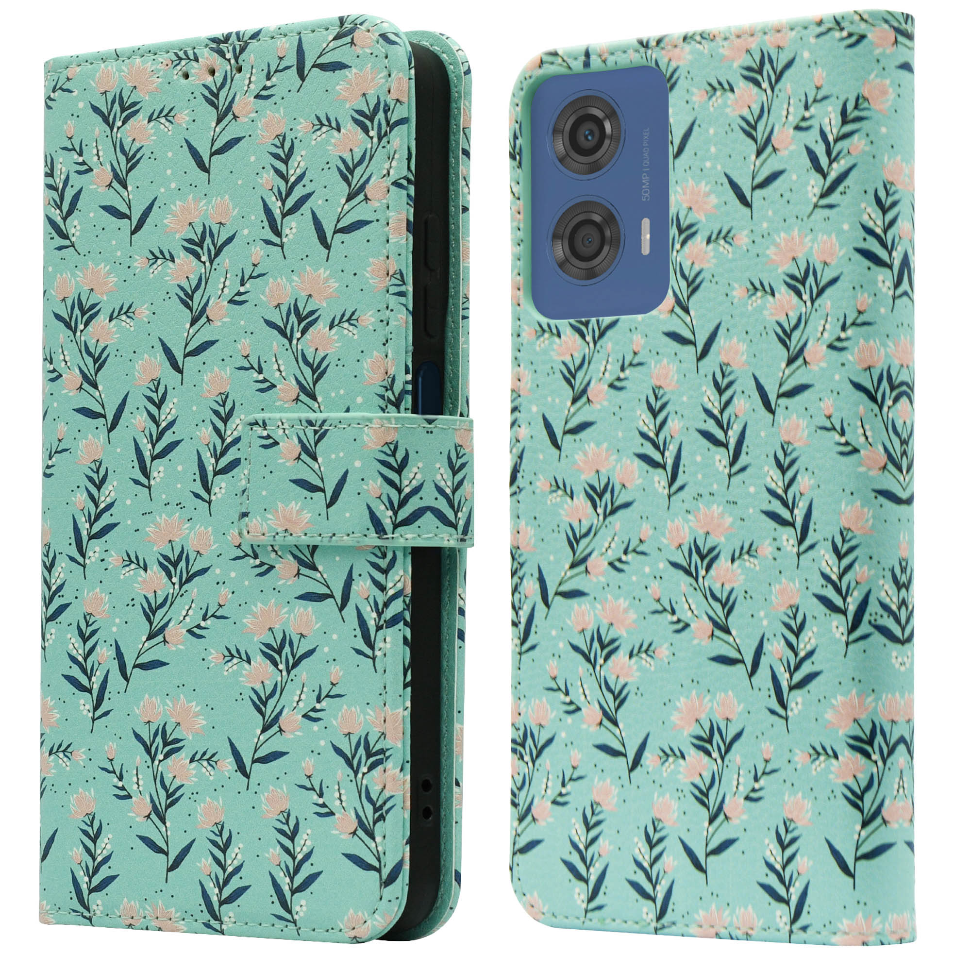 Een telefoonhoesje met roze bloemen op een turquoise achtergrond.