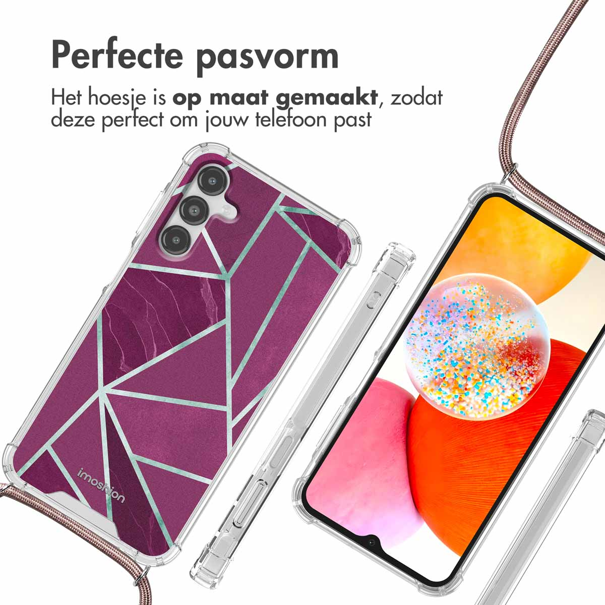 Een telefoon met een geometrisch paars design hoesje en een bruine band.