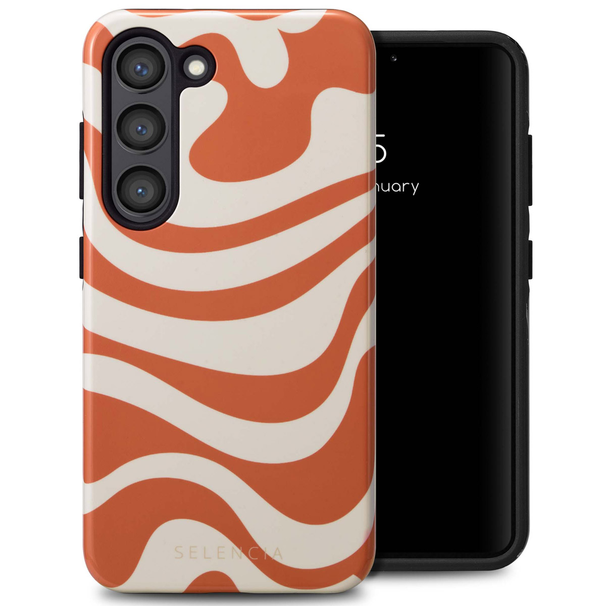 Une coque de téléphone avec un motif ondulé orange et blanc, à côté d'un téléphone noir.