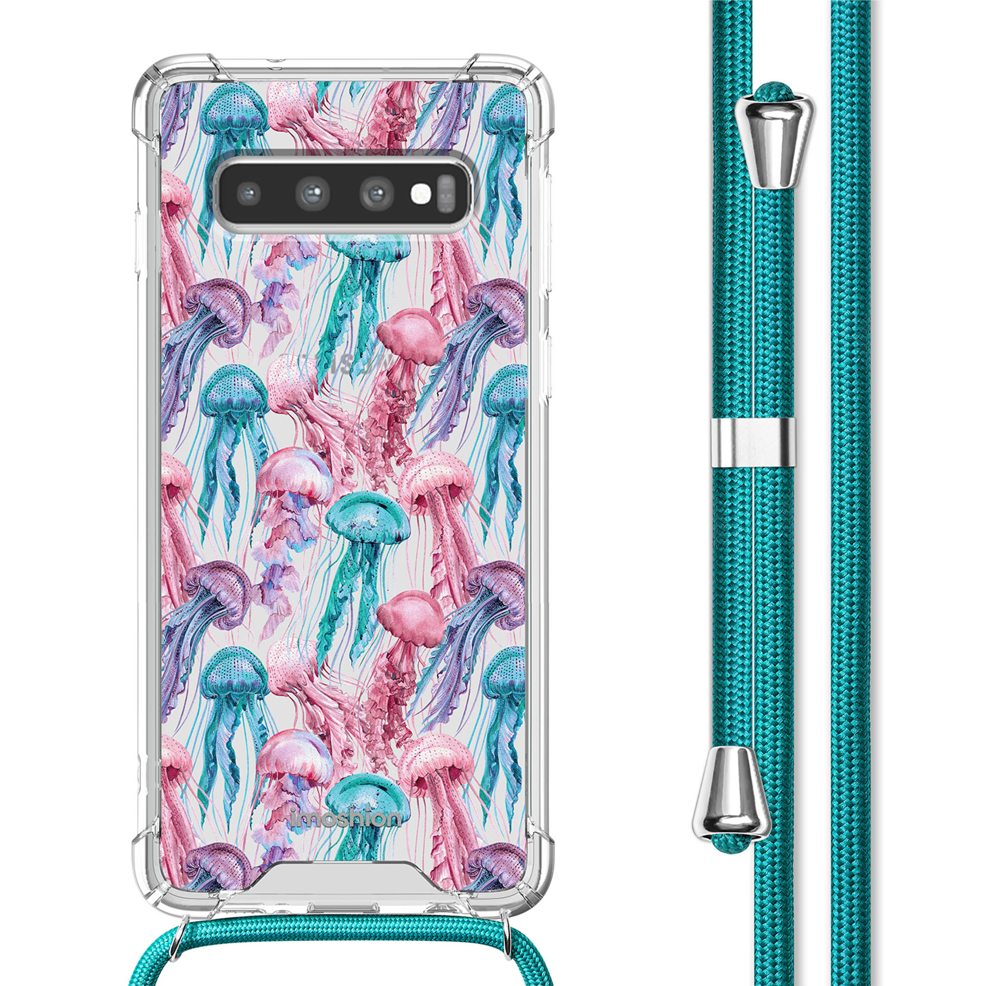 Coque de téléphone transparente avec imprimé méduses. Lanière sarcelle attachée. Fond blanc.