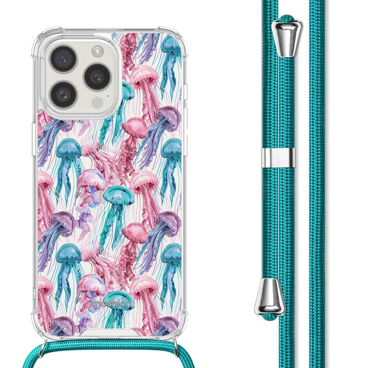Coque de téléphone transparente avec motif de méduses, lanière turquoise. Téléphone avec coque et lanière.