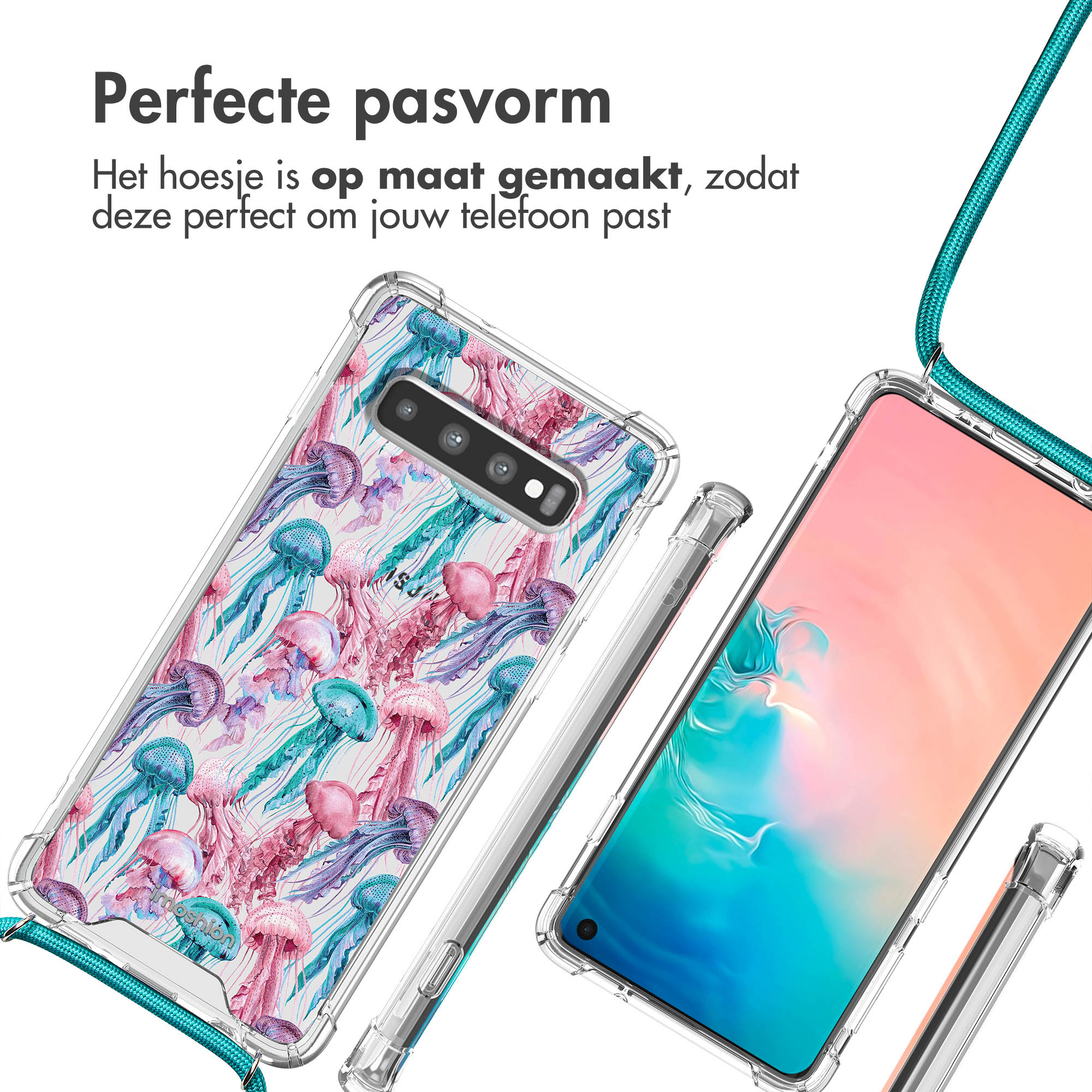 Coques de téléphone avec un motif de méduse et un cordon vert. Texte : 'Perfecte pasvorm'. Fond blanc.