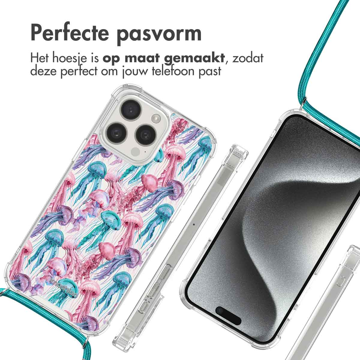 Téléphone avec coque de méduses et cordon. Texte : Ajustement parfait.