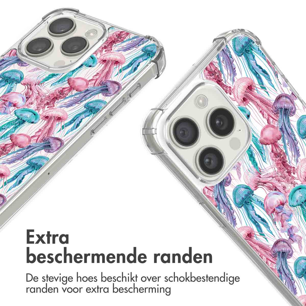 Deux coques de téléphone avec motif de méduses. Texte: Bords protecteurs supplémentaires.