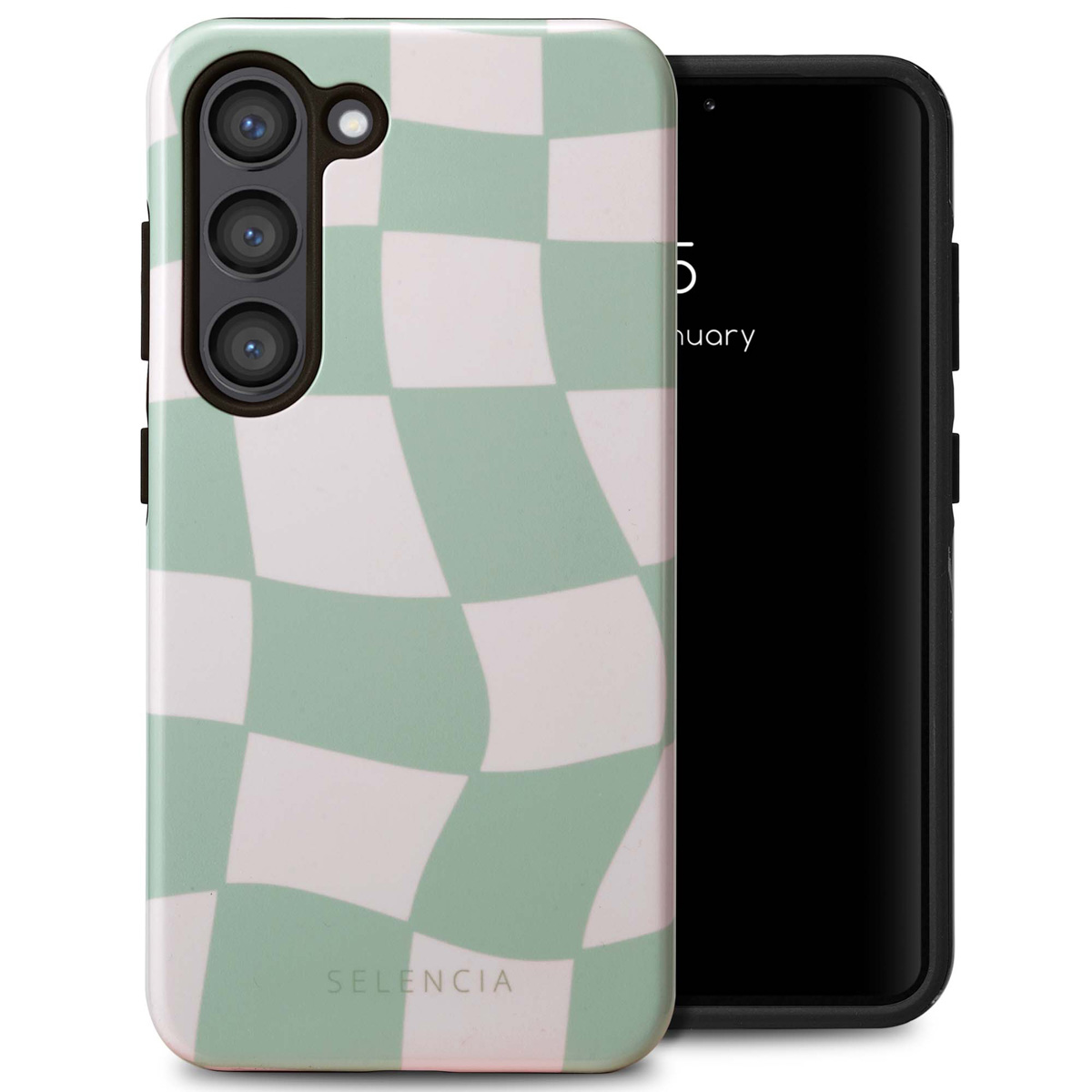 Coque de téléphone avec un motif en damier. Le téléphone a un écran noir. L'étui a trois lentilles de caméra.