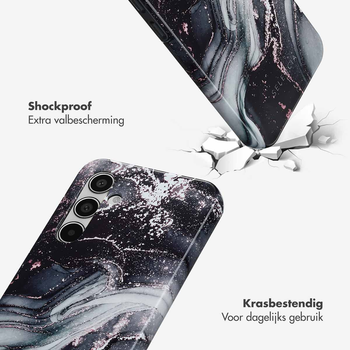 Telefoonhoesjes met marmerdesign, zwart en wit. Tekst: Schokbestendig. Extra valbescherming.