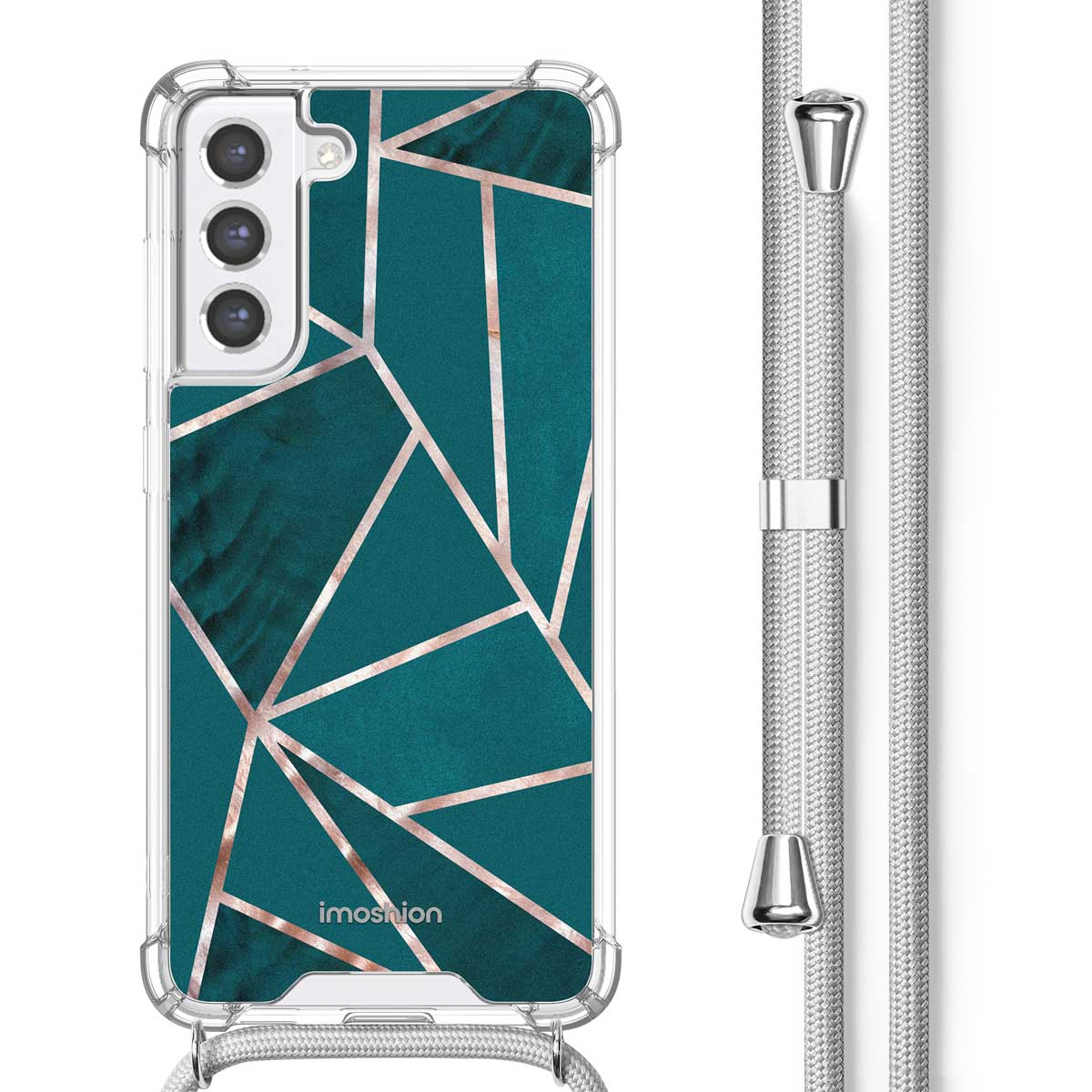 Turquoise telefoonhoesje met gouden geometrisch ontwerp, transparante bumper en zilveren koord. Witte achtergrond.