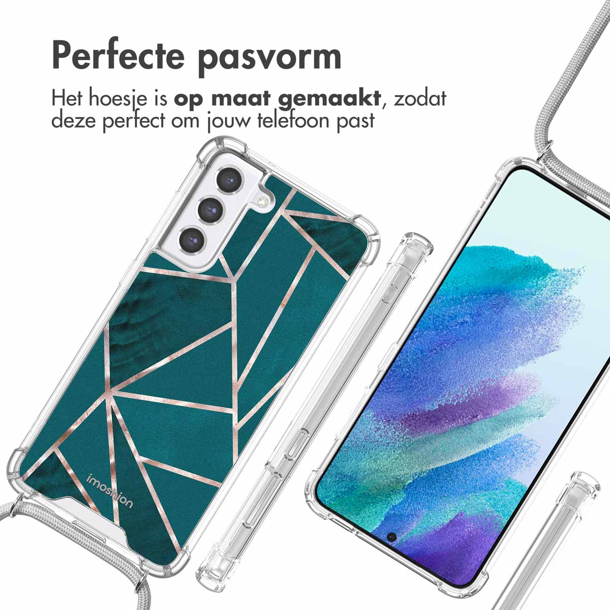 Telefoonhoesje met groen geometrisch ontwerp en koord. Tekst: Perfecte pasvorm.