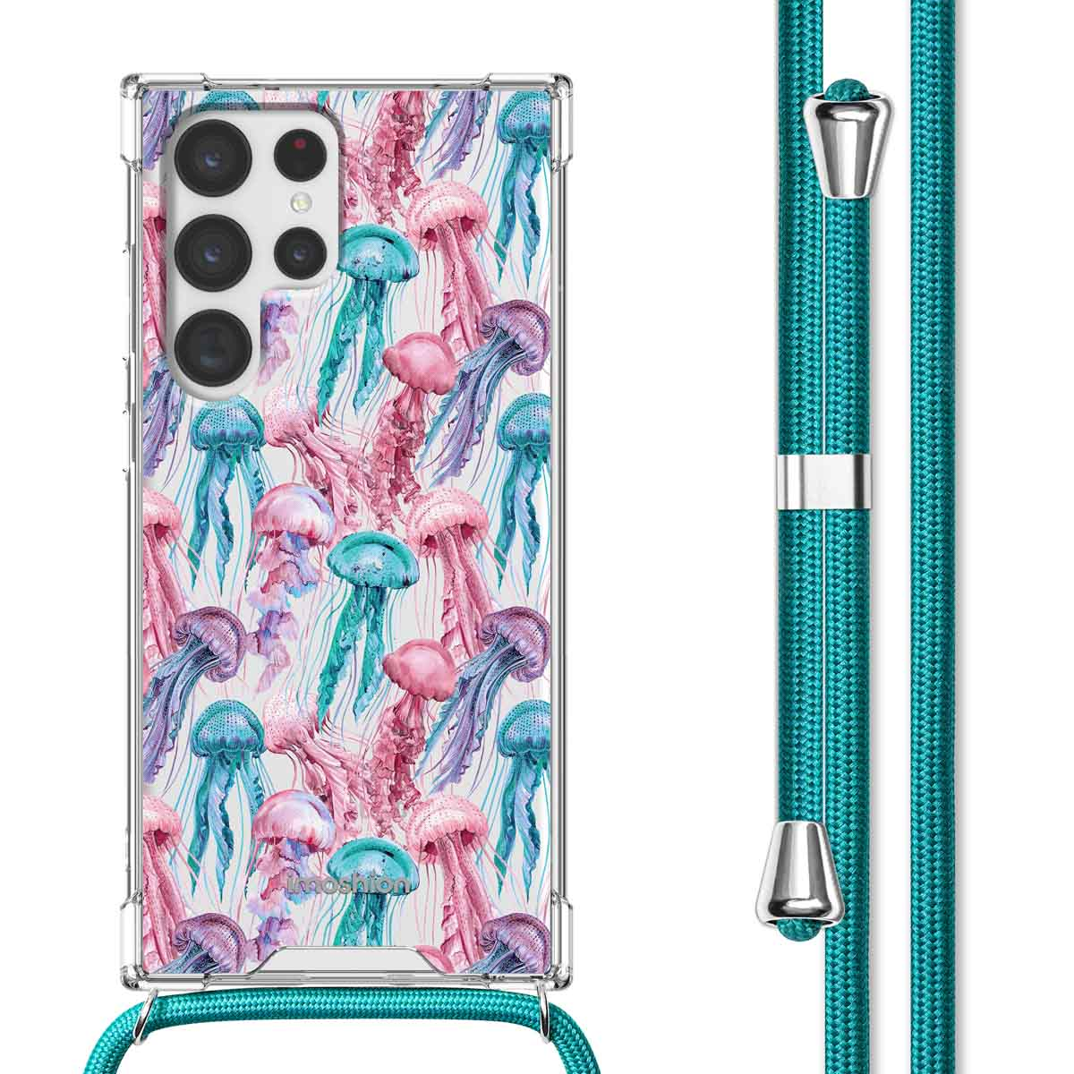 Transparante telefoonhoes met een kwal ontwerp en band. De achtergrond is wit.
