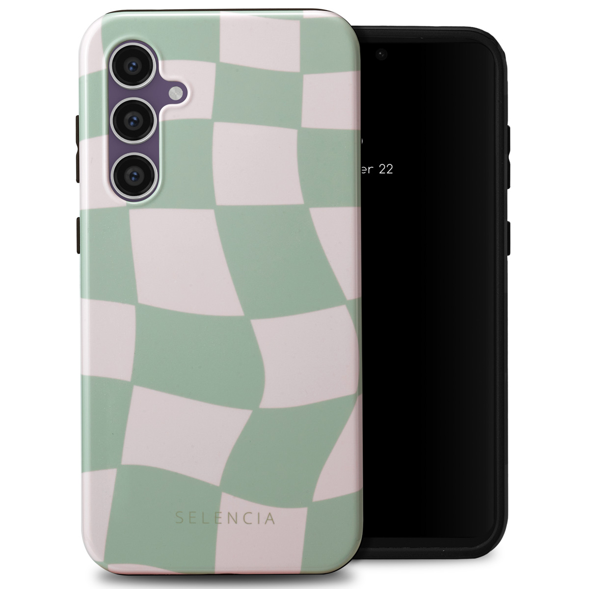 Een telefoonhoesje met een groen en wit geblokt patroon, naast een zwarte telefoon.