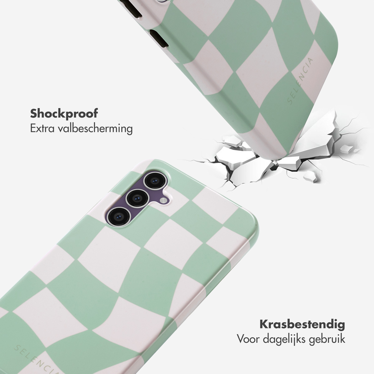 Telefoonhoesje met een groen en wit geblokt patroon. De telefoon valt en barst het oppervlak.