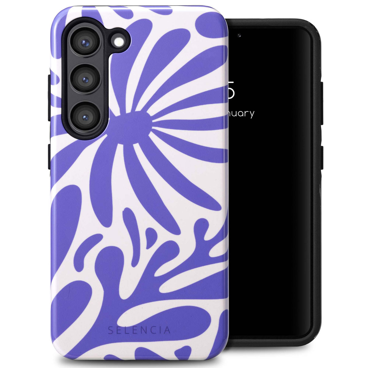 Coque de téléphone avec motif floral violet. Le fond est blanc, avec le téléphone.