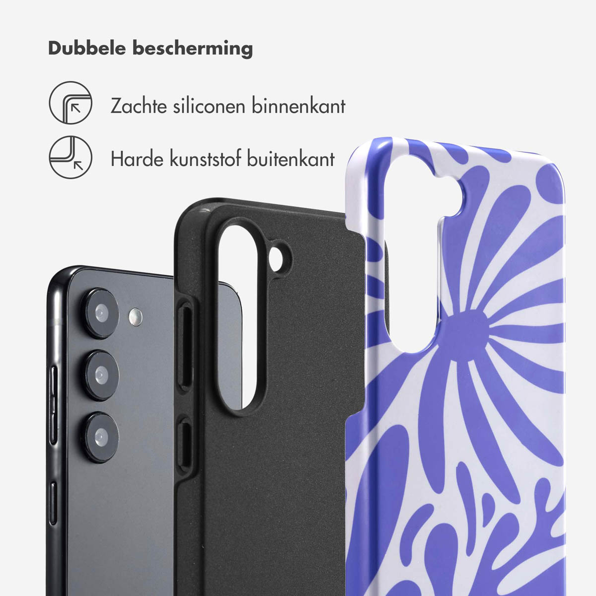 Coques de téléphone avec un motif floral bleu et blanc et un téléphone noir.