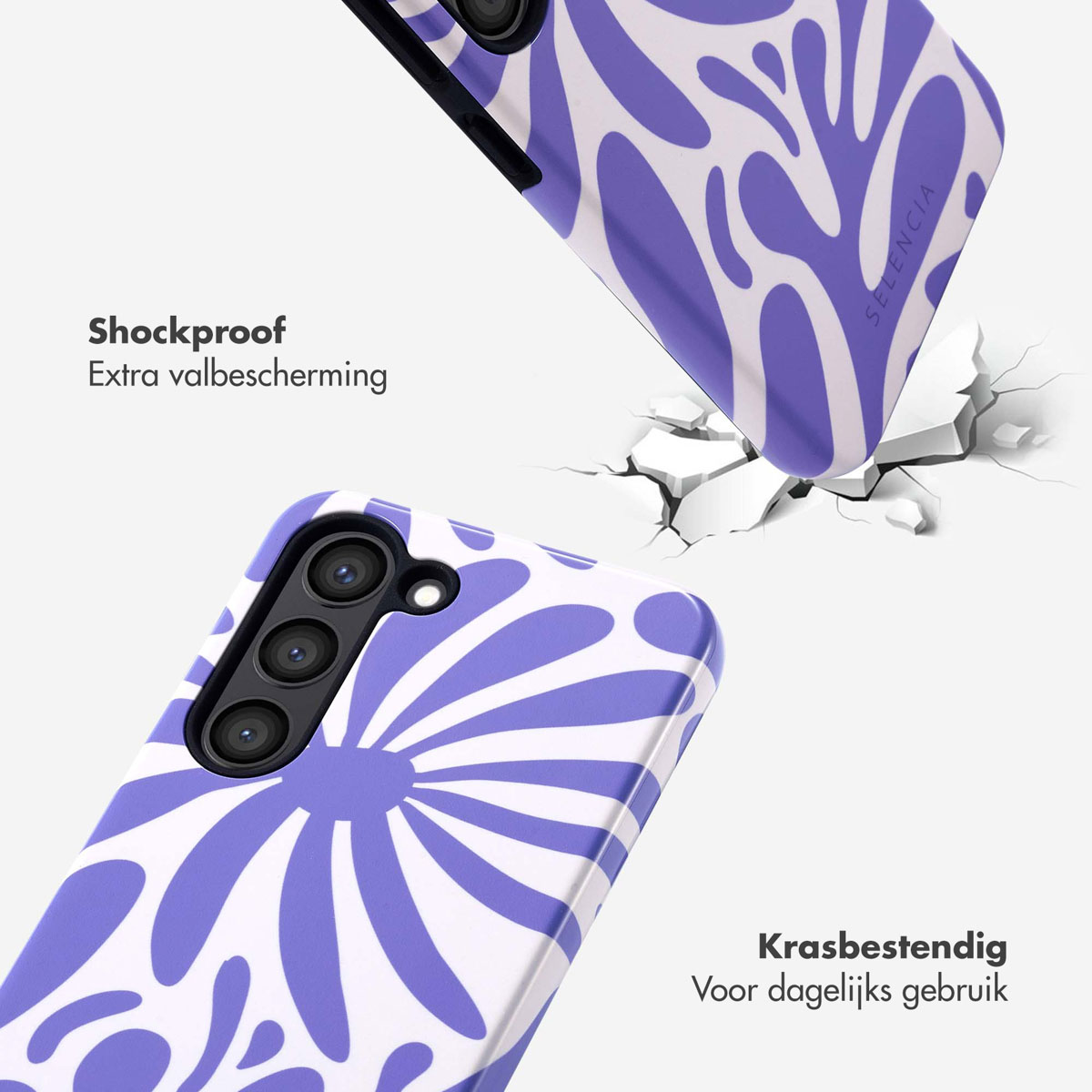 Coque de téléphone avec motif floral violet. La coque tombe. Texte : Antichoc et résistant aux rayures.
