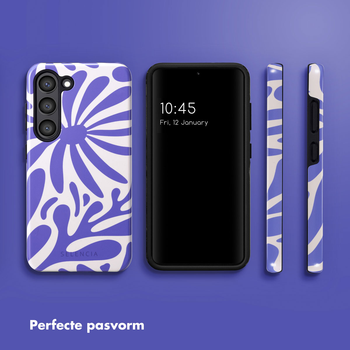 Trois coques de téléphone avec motif. Un téléphone avec écran noir est centré. Fond violet.