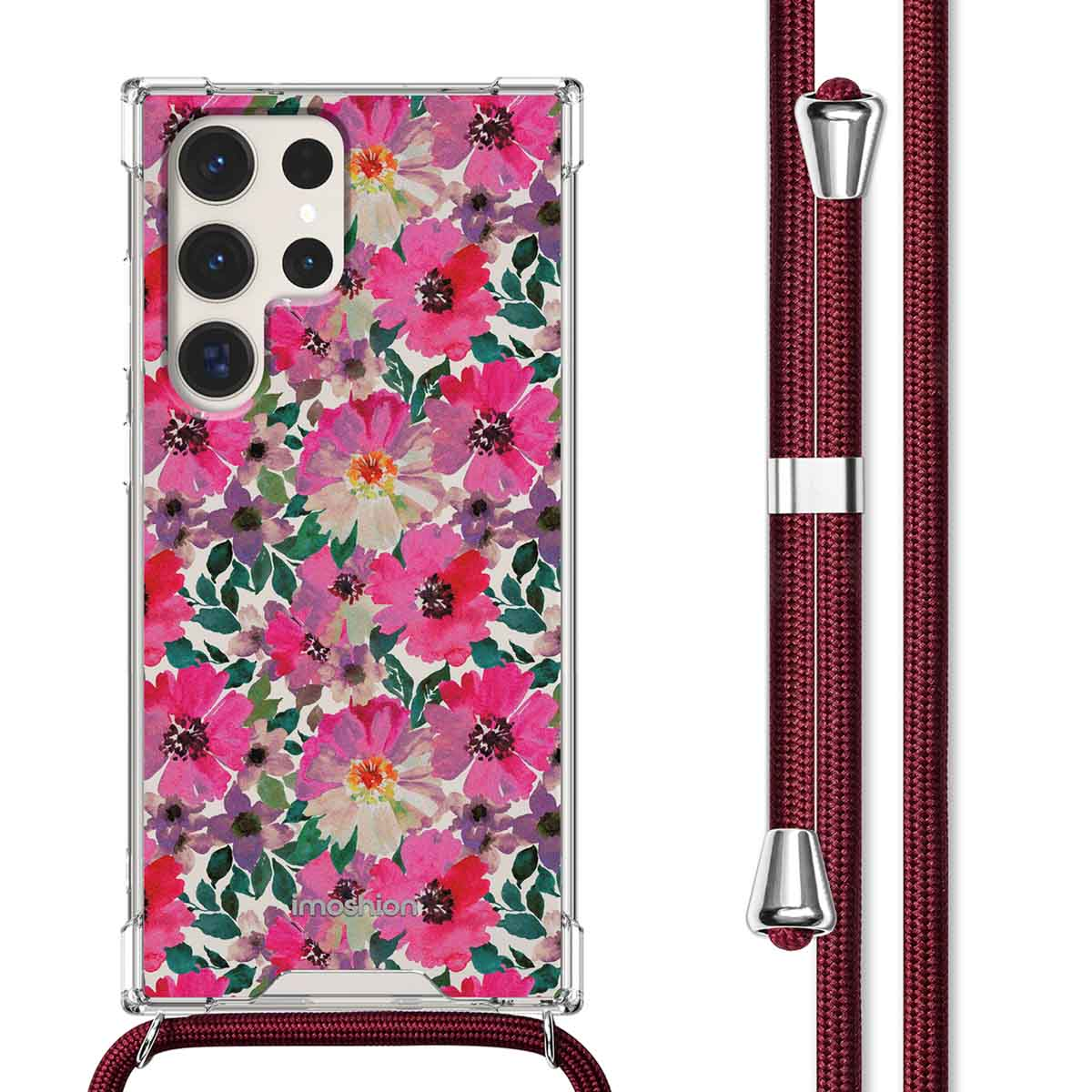 Telefoonhoesje met een bloemenpatroon en een bordeauxrood koord. De hoes heeft een transparante rand en het imoshion logo.