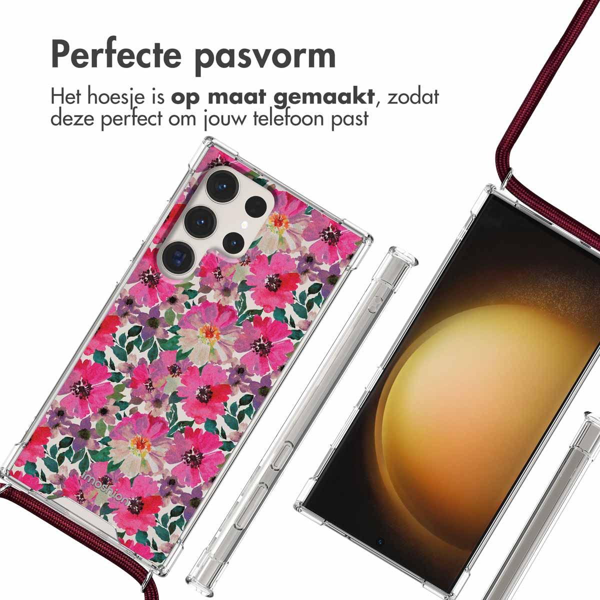 Transparante telefoonhoes met bloemen design. Telefoonhoes is met een bordeauxrode band aan de telefoon bevestigd.