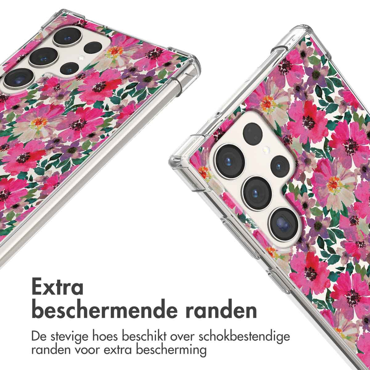 Twee telefoonhoesjes met roze bloemen. Ze hebben beschermende randen.