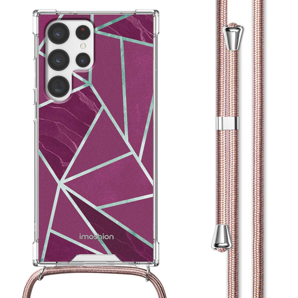 Paarse telefoonhoes met geometrisch ontwerp en een roze koord. Transparante bumper. Witte achtergrond.